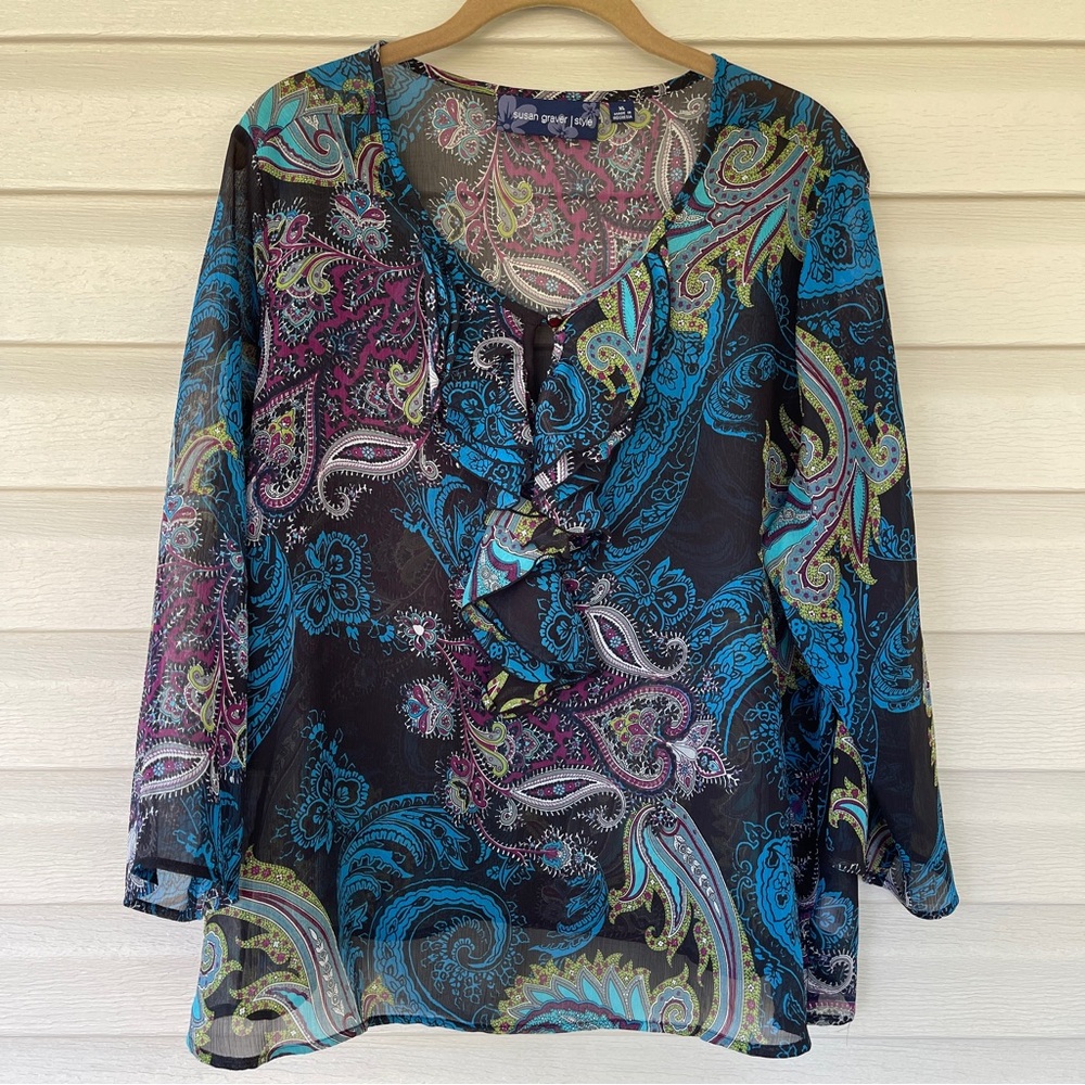 Susan Graver Sheer Paisley Pattern Top Size XL